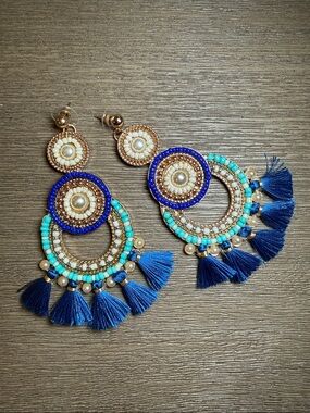 Blanco Limon Blue and Turquoise Beaded Statement Earrings One Size